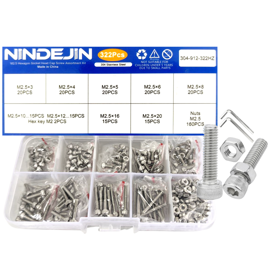 NINDEJIN M2.5 Hexagon Socket Head Cap Screw Assortment Kit 322pcs
